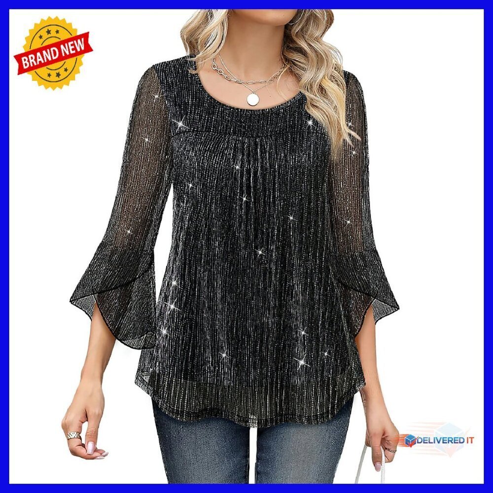 Mesh Ruffle Sleeve Blouse 3/4 Length Tunic Top Women's Party Wear